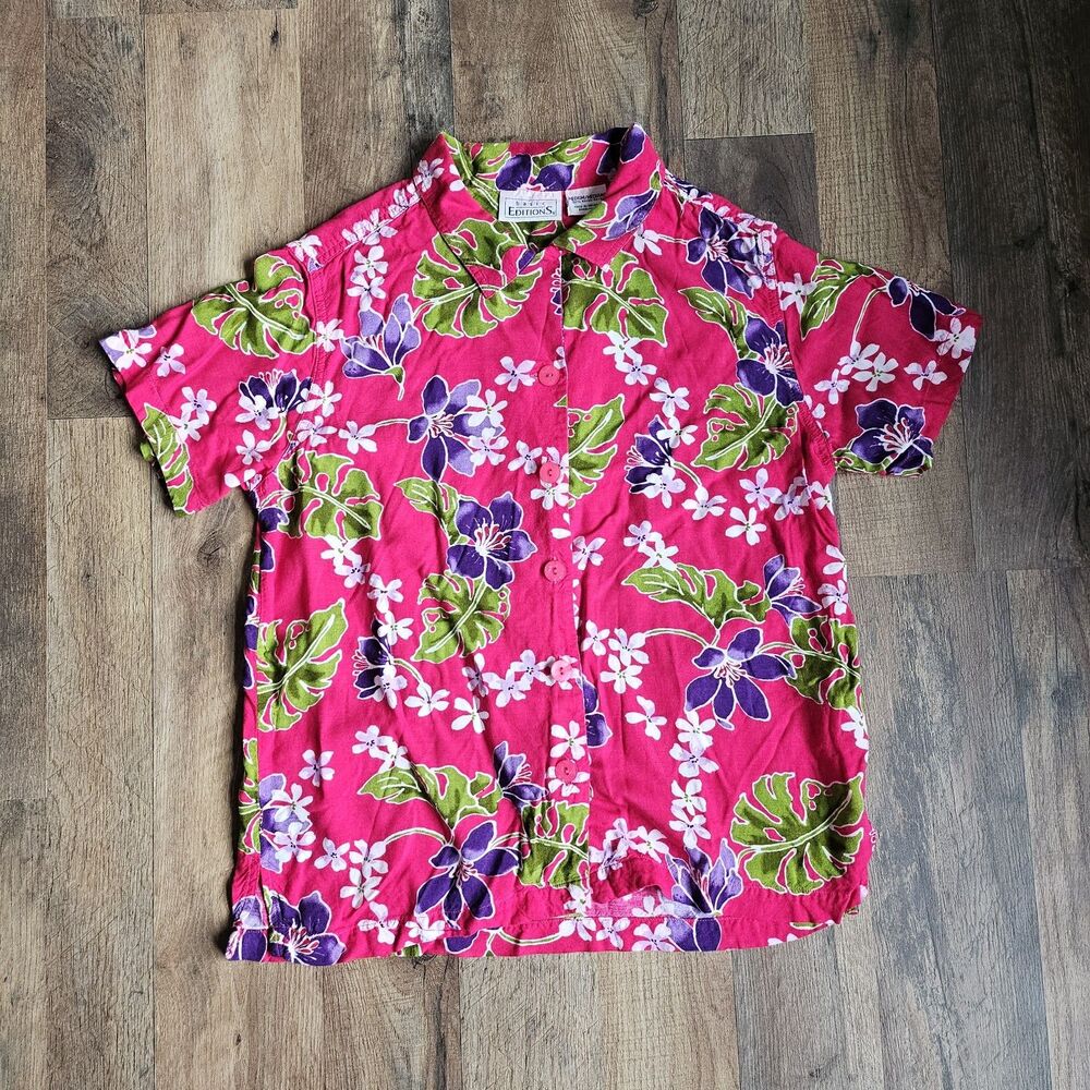 Vintage 90s Basic Editions Pink Floral Hawaiian Shirt Medium Coconut Girl...